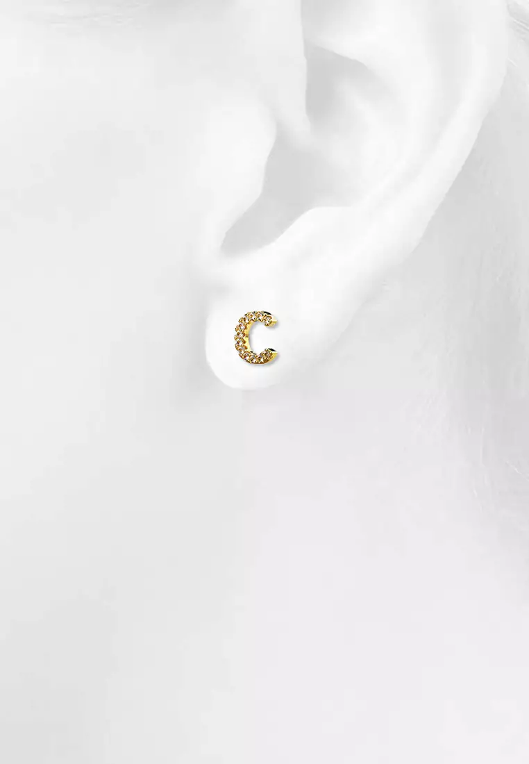 Solid 925 Sterling Silver Glamour Alphabet Letter Earrings Gold - C - Default