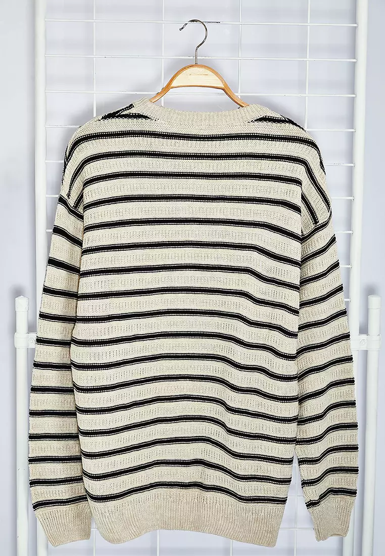Beige Casual Unisex Crew Neck Striped Knitwear Sweater TMNAW25KZ00025