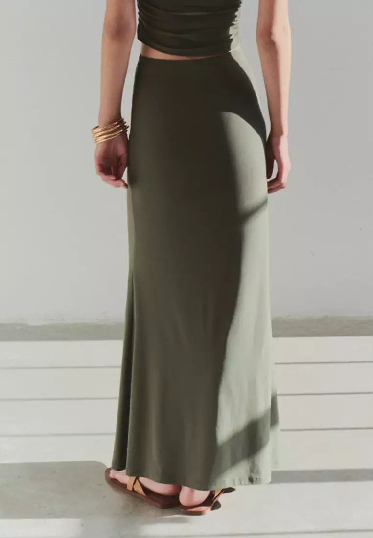 Limited Edition Khaki Fitted Accessory Detailed Knitted Long Skirt  TPRSS25ET00004