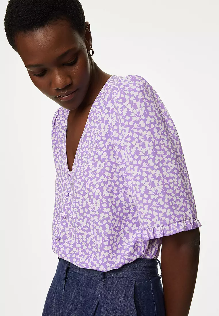 Printed V-Neck Puff Sleeve Blouse