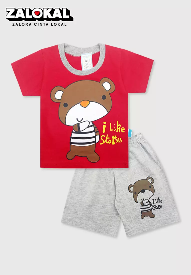 Wakakids Baju Bayi Anak Laki Laki Usi 6 Bulan Hingga 12 Bulan Setelan Celana Kaos Motif Bear Like Stories 2864 Merah