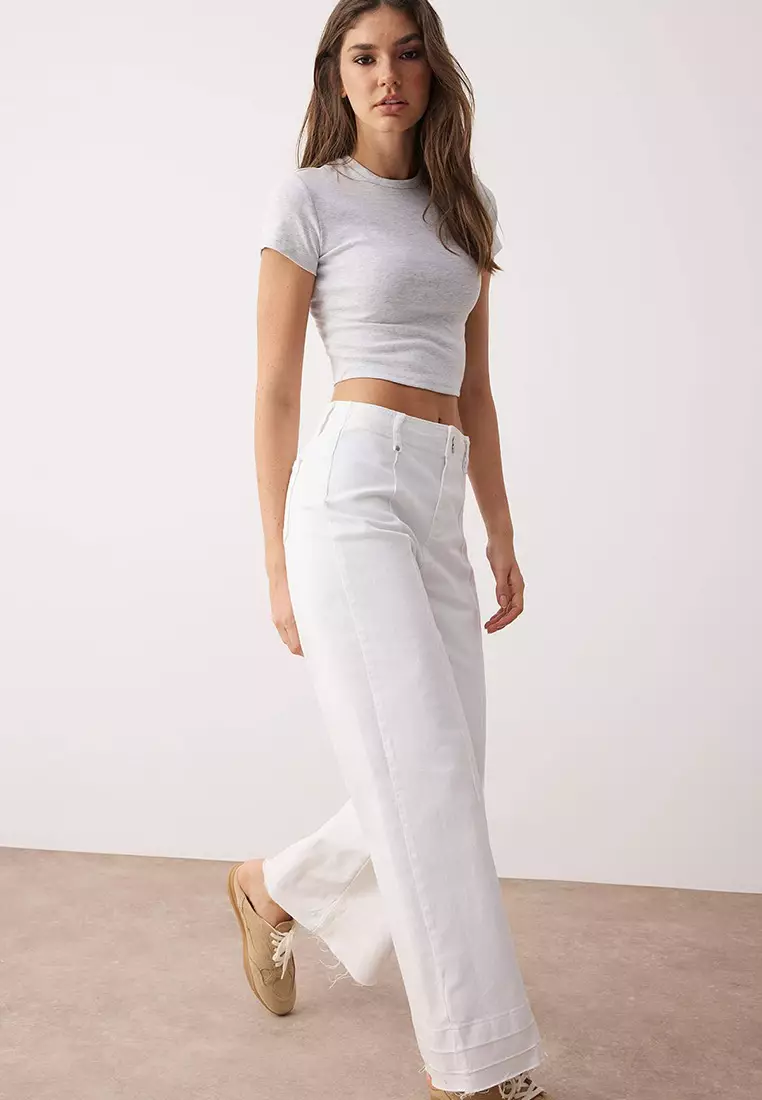 White High Waist Ribbed Detailed Cut-Out Wide Leg Jeans