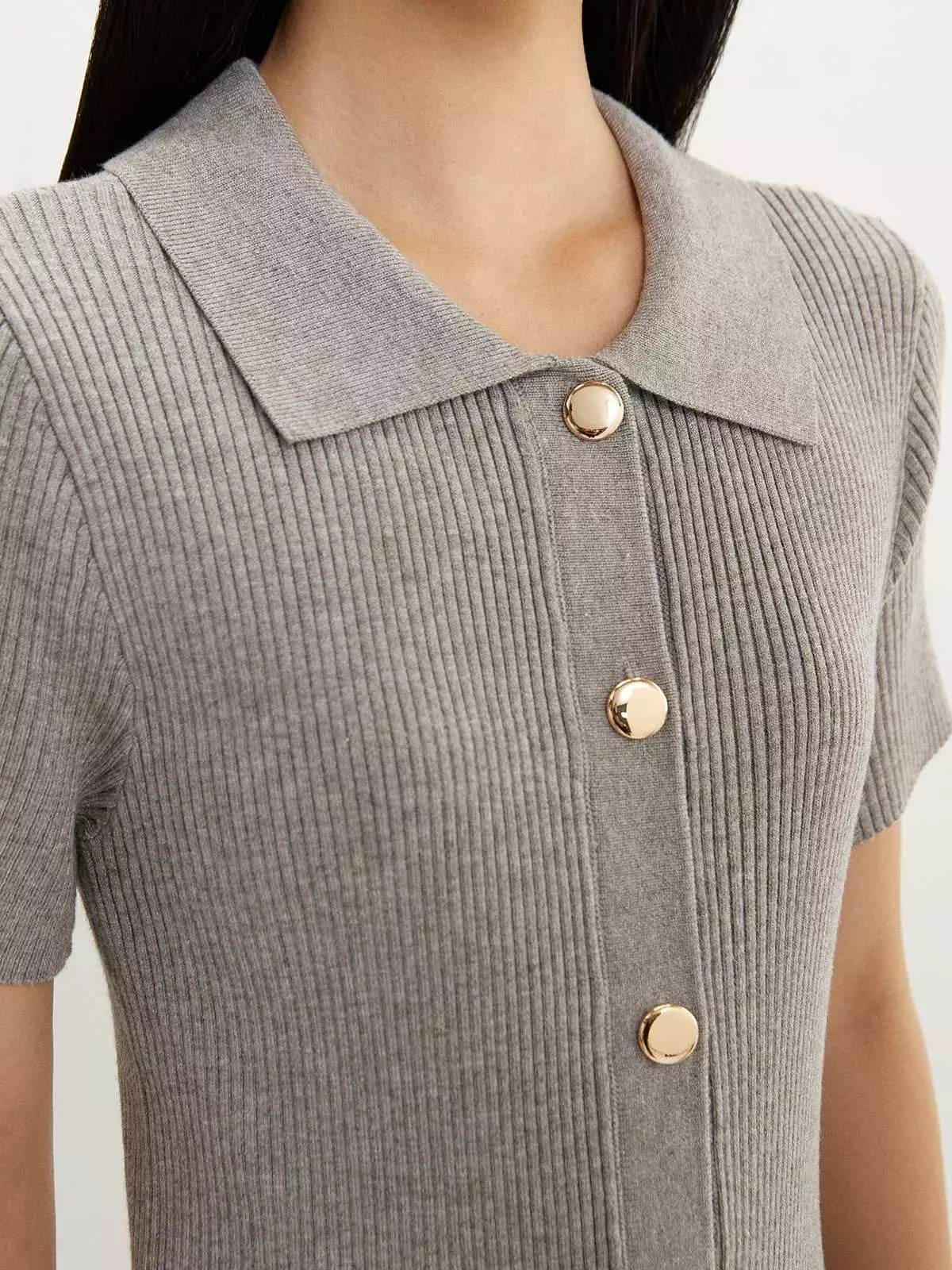Buttoned Pleat Knit Dress - Mid Grey