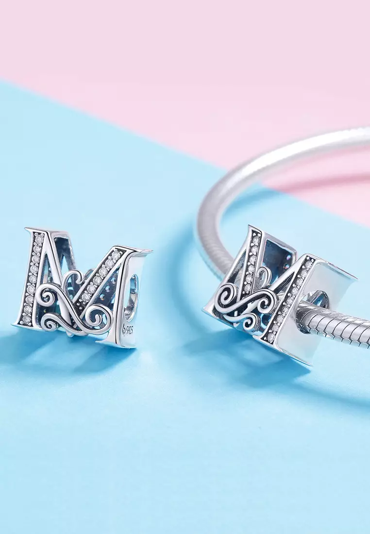 Solid 925 Sterling Silver Vintage Inspired Antique Alphabet Charm M
