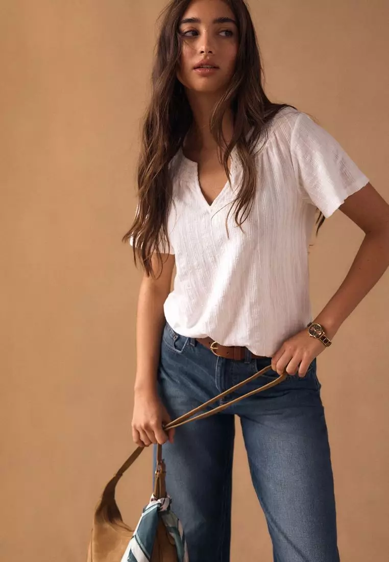 Short Sleeve Notch Neck Shirred Bubblehem T-Shirt