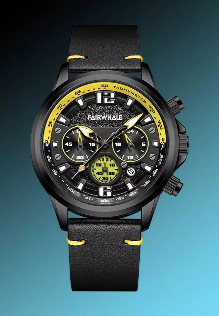 Unisex Stainless Steel Chronograph Quartz Watch, Black/Yellow Dial, 42mm, Black Leather Strap