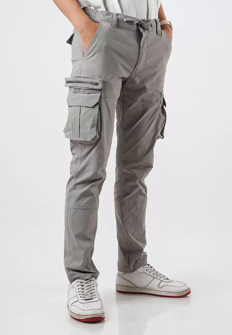 OXCON Celana Cargo Panjang Pria Pinggang Karet Slimfit Sparta Light Grey