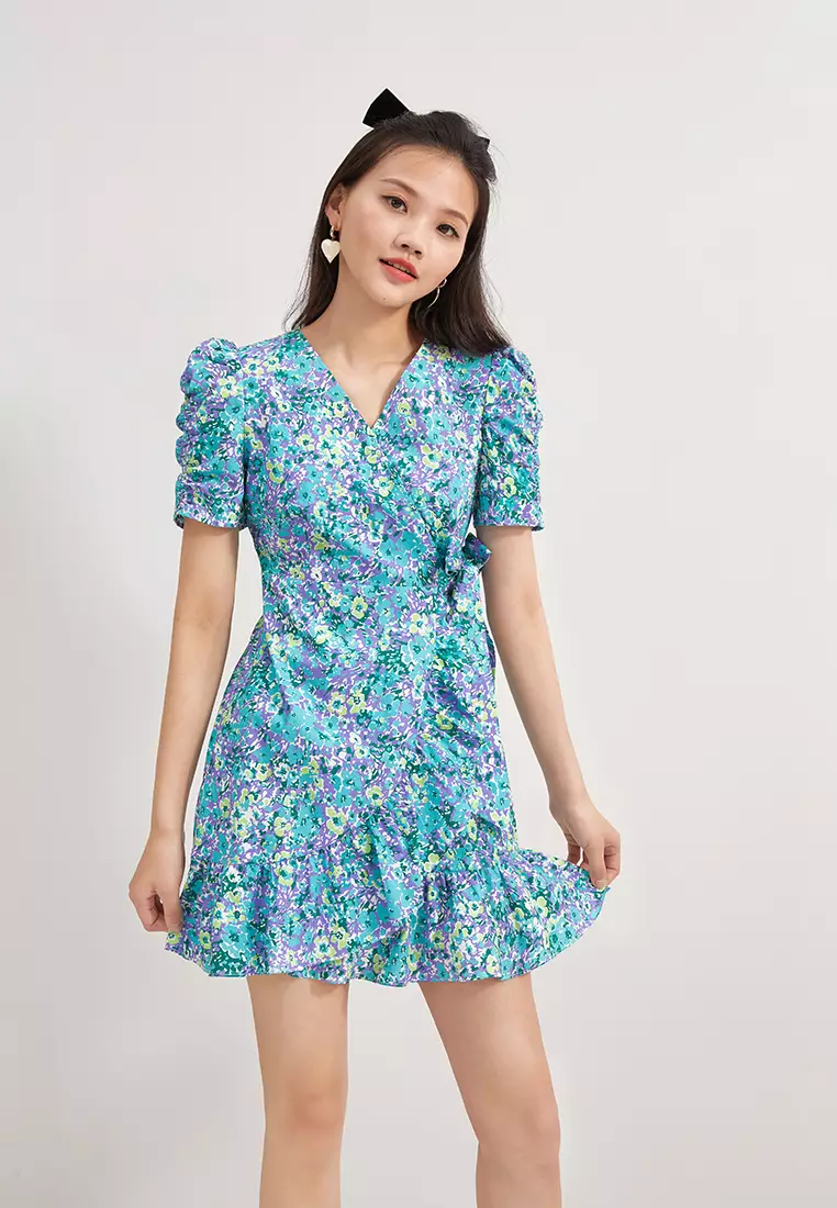Overlap V-Neck Floral Mini Dress