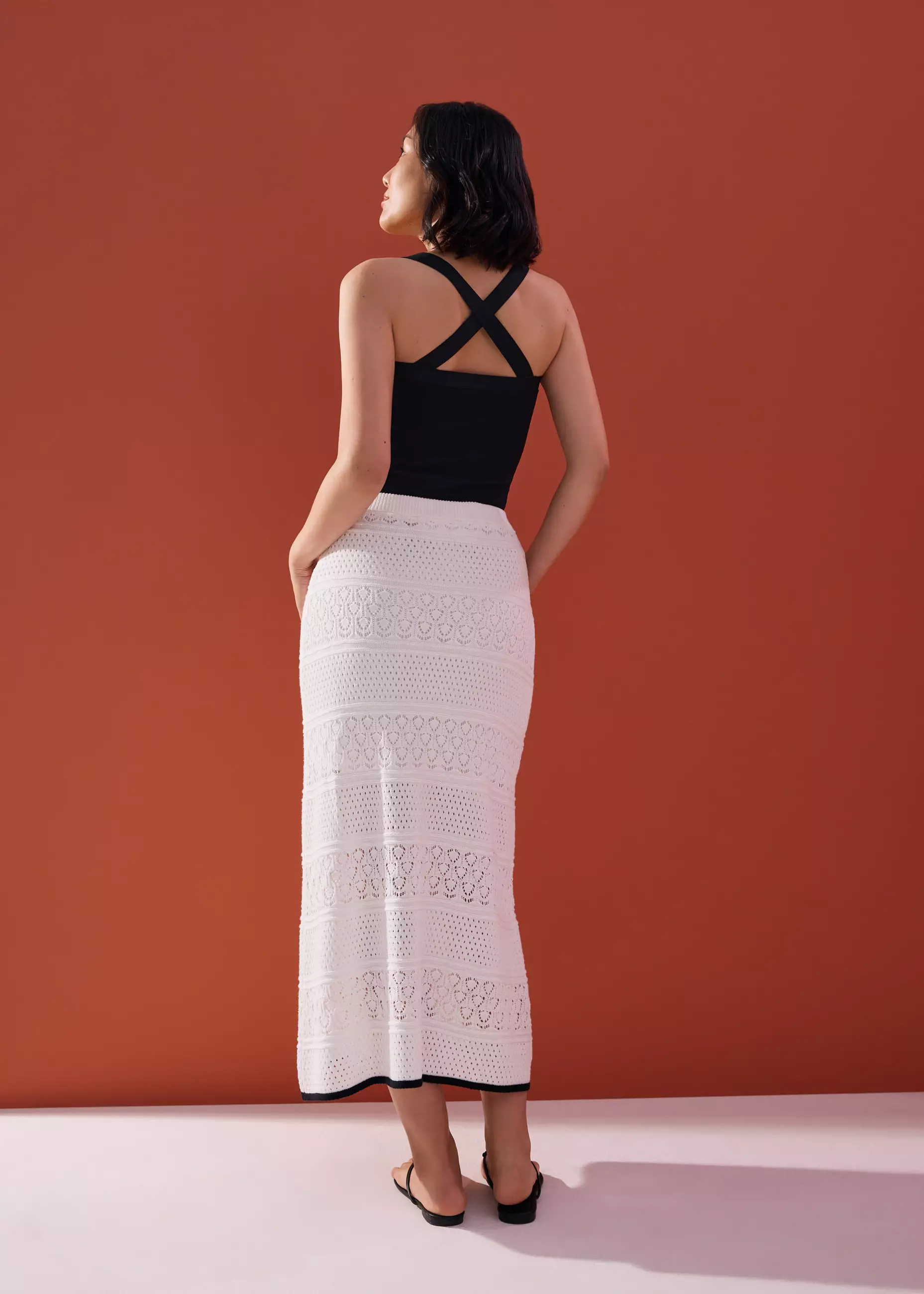 Rok Wanita - Pointelle Contrast Knit High Waist Column Midaxi Skirt