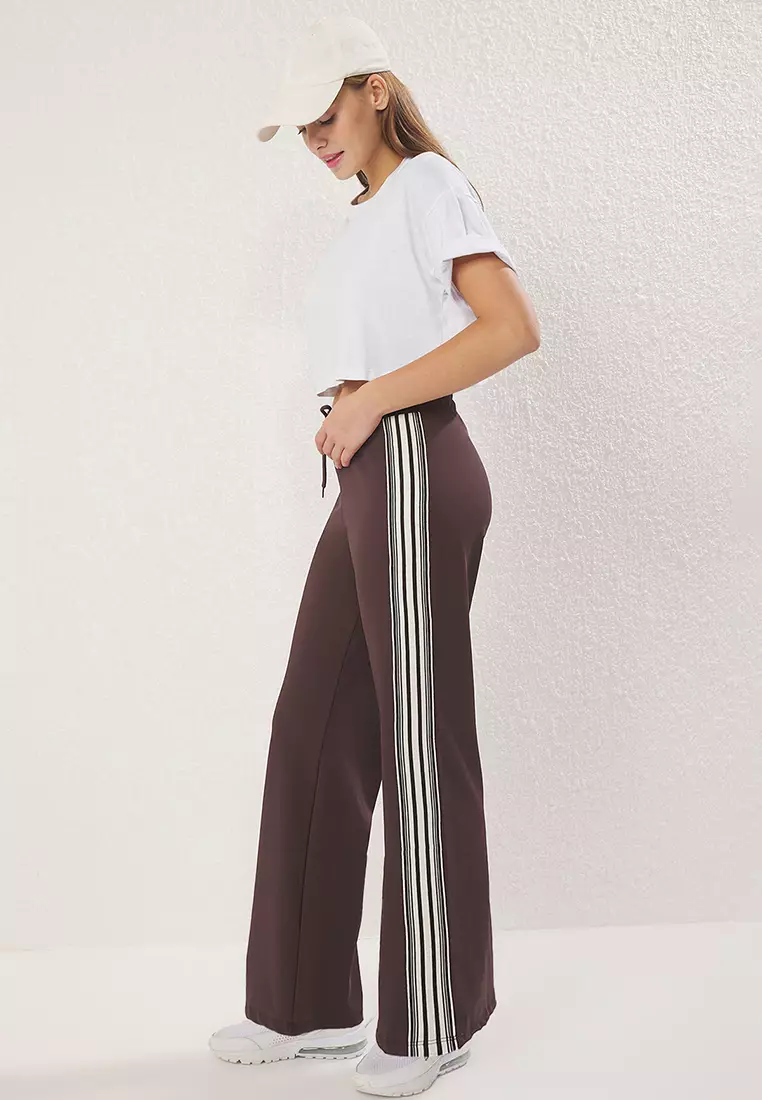 Brown Striped Diver/Scuba Fabric Sports Knitted Sweatpants THMSS25EA00006