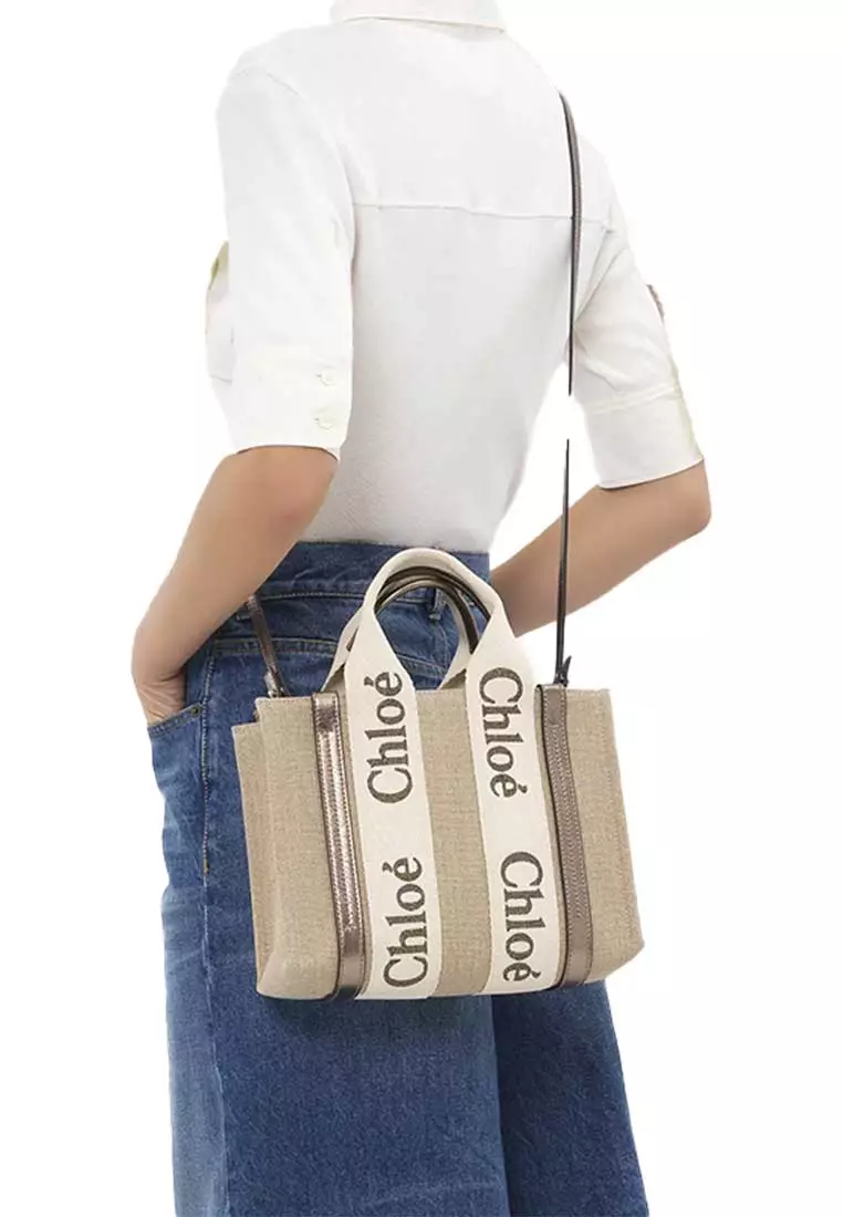Buy Chloé Small Woody Tote Bag In Linen And Leather Shiny Gray