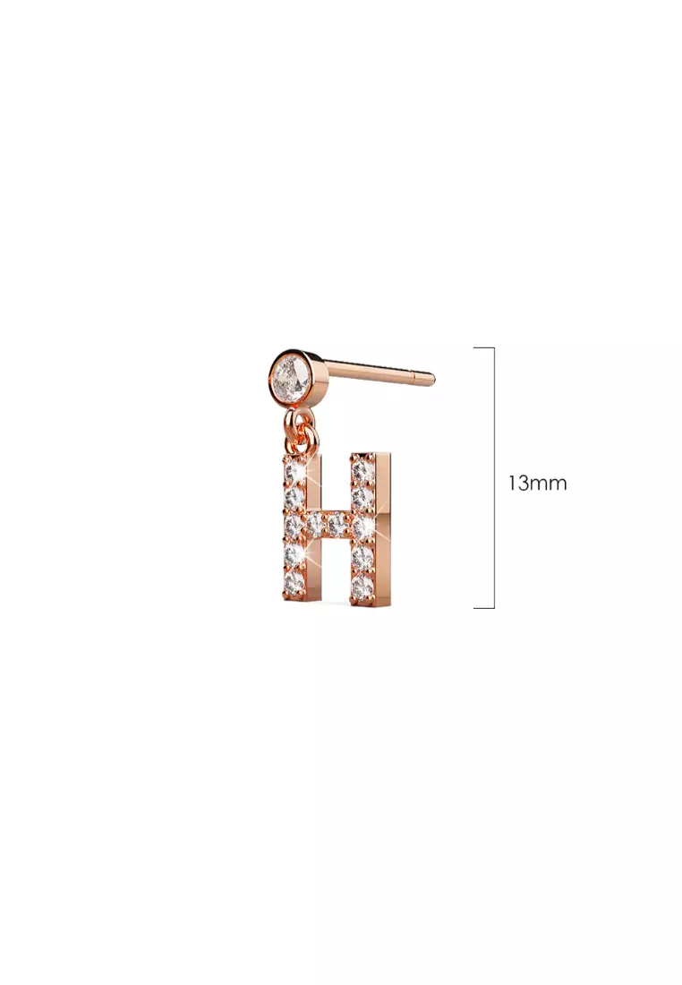 Solid 925 Sterling Silver Initial Crystal Personalised Alphabet Letter Earrings Rose Gold - H - Default