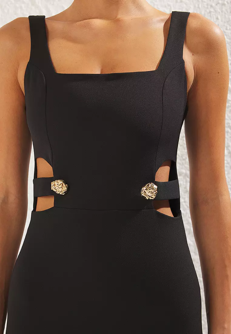 Black Accessory Detailed Woven Long Elegant Evening Dress Graduation Dress TPRSS25AE00079