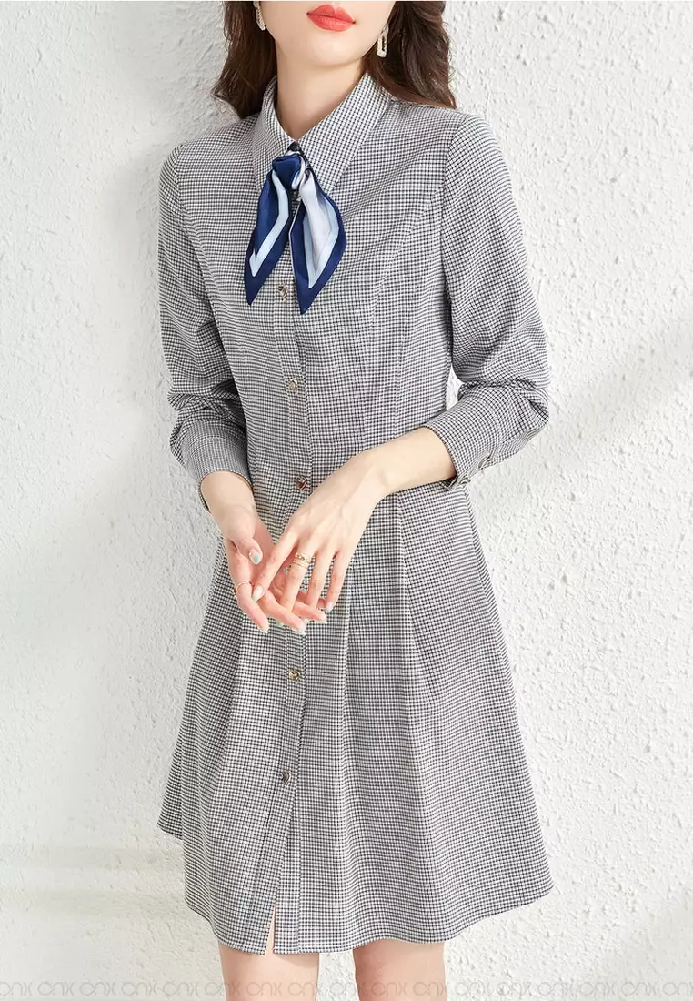 OL Retro Checkered Shirt Dress (including Silk Scarf)