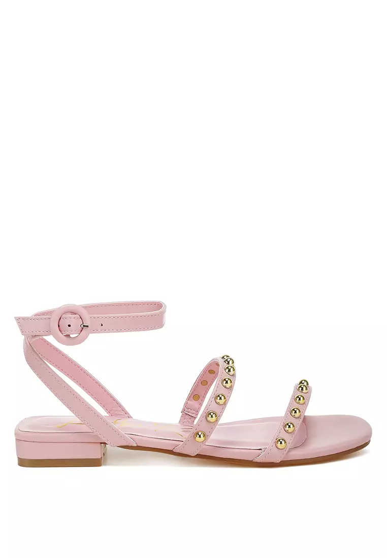 Studded Ankle Strap Flat Sandals in Pink