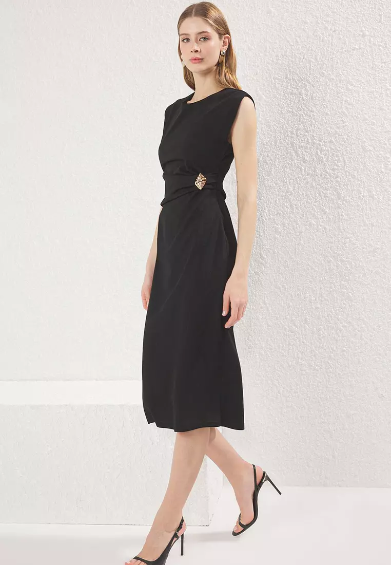 Black Plain Accessory Detail Midi Fitted/Fits Body Knitted Dress Twoss25El00661