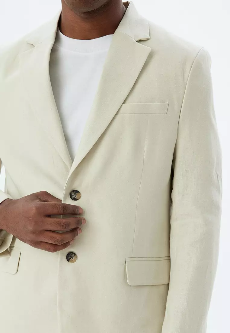 Linen Jacket Blazer Slim Fit Buttoned Pocket Detailed