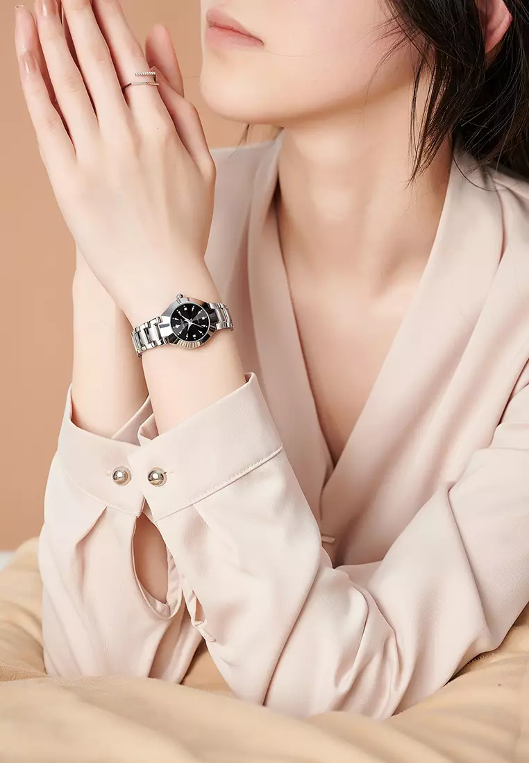 9090 Jam Tangan Wanita Original Berlian Anti Air Kuarsa Bisnis Santai Wanita Jam Tangan Cewek (Kotak Gratis) silver black