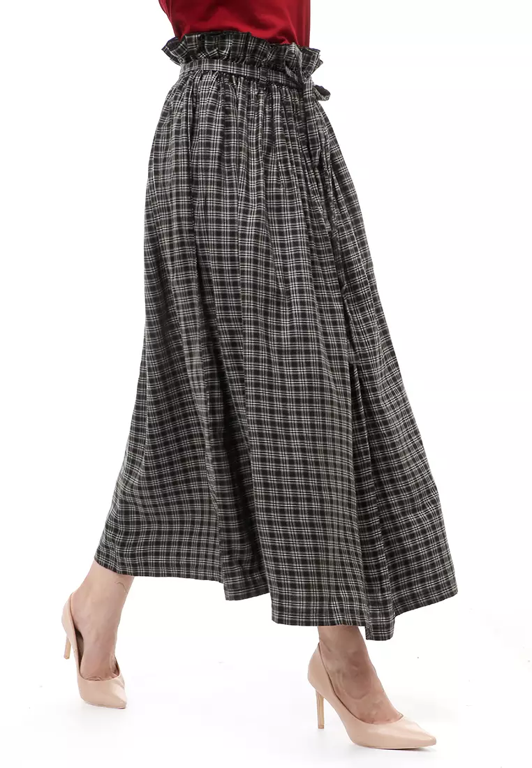 Amel Long Skirt Bawahan Wanita Motif Kotak-Kotak Regular Fit - Black