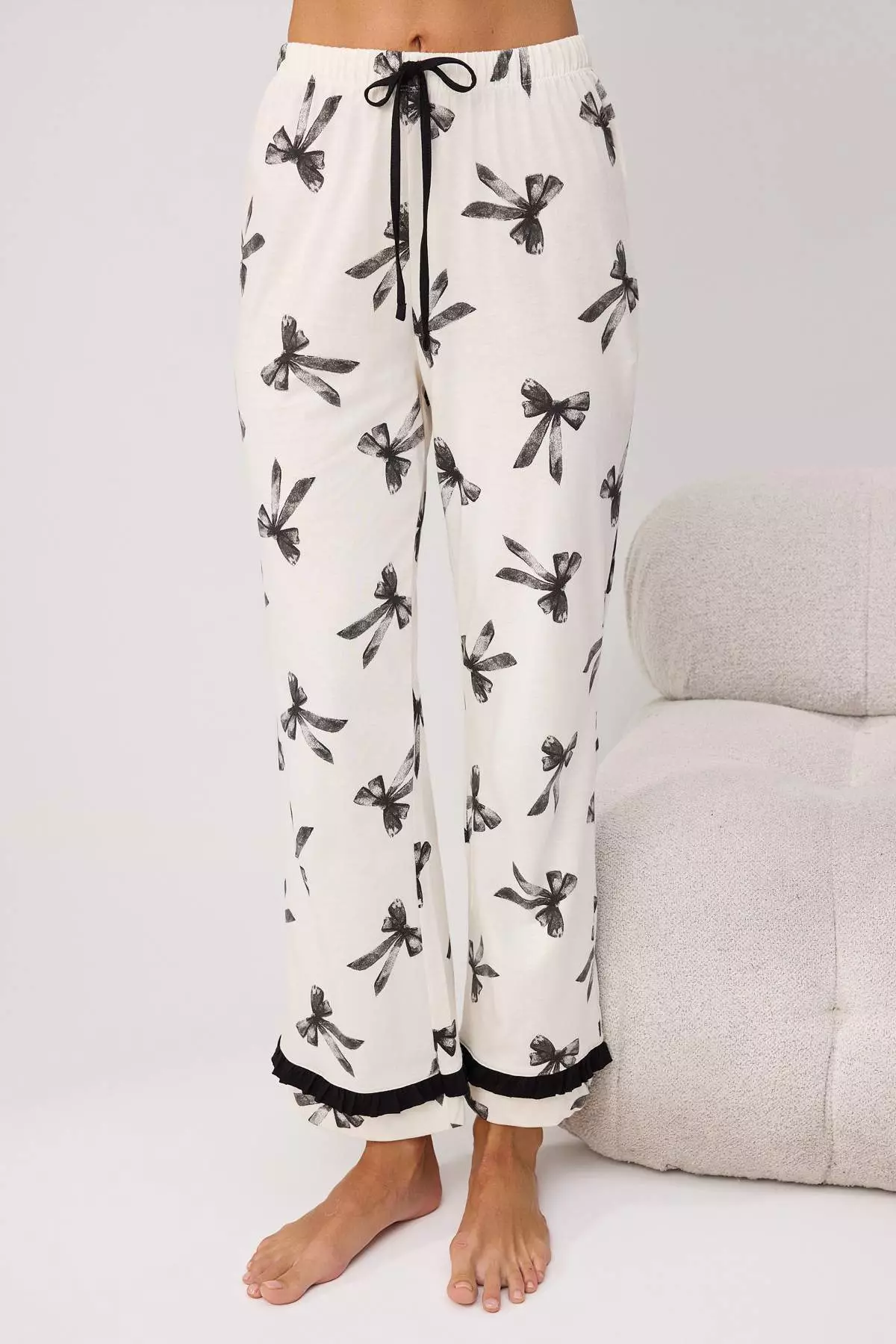 Ecru 100% Cotton Ribbon/Bow Ruffle Pants Knitted Pajamas Set Thmaw26Pt00118