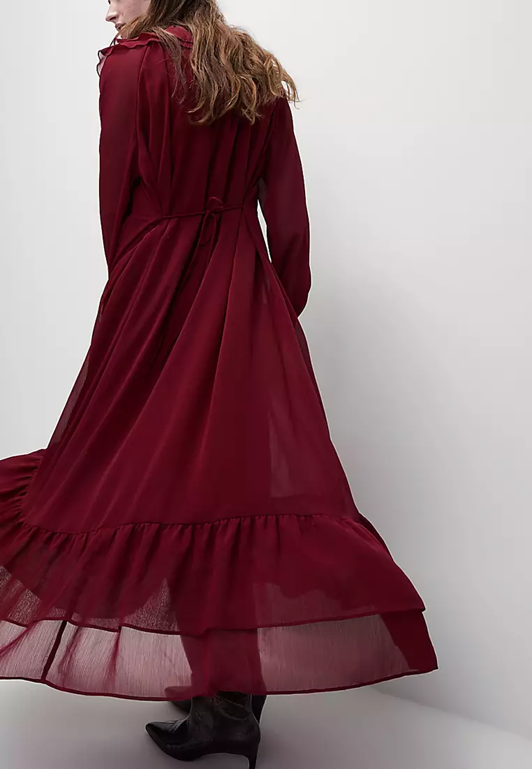 V-Neck Frill Detail Midaxi Smock Dress