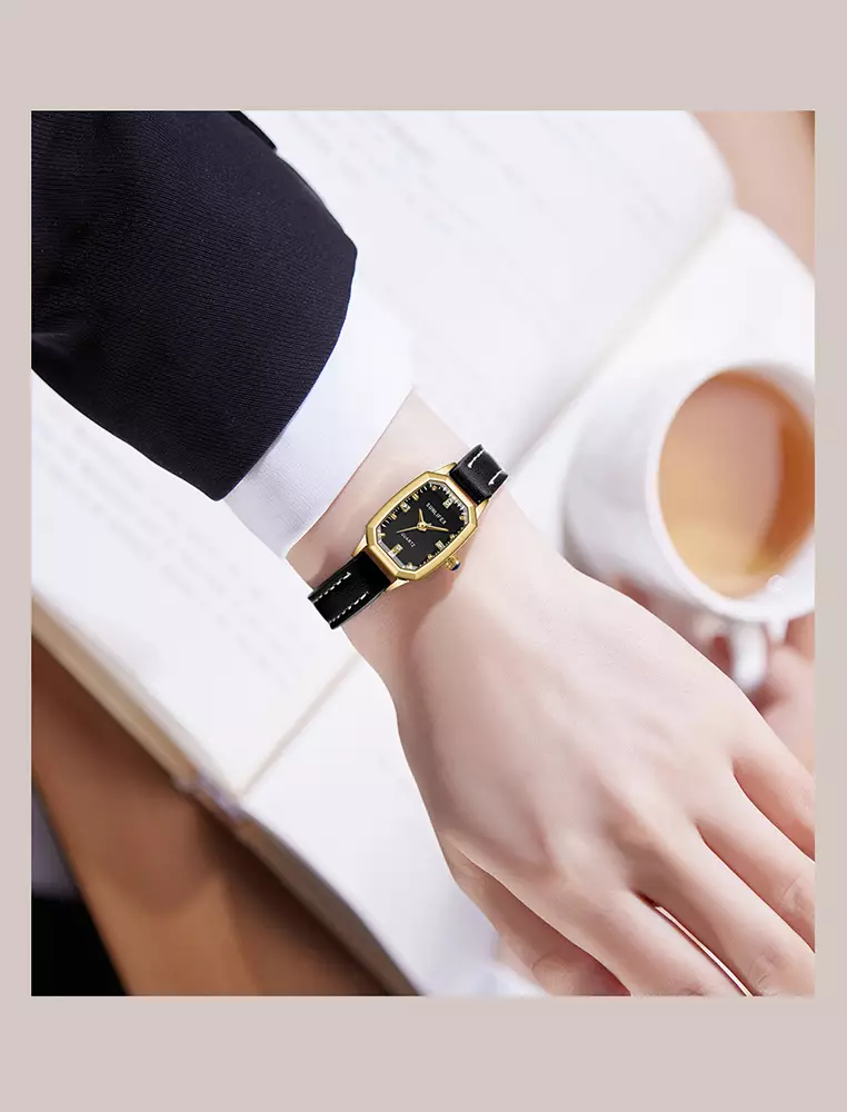 Jam Tangan Wanita Mode Tali Kulit Gaya retro Korea Berlian Jam Tangan Cewek Black