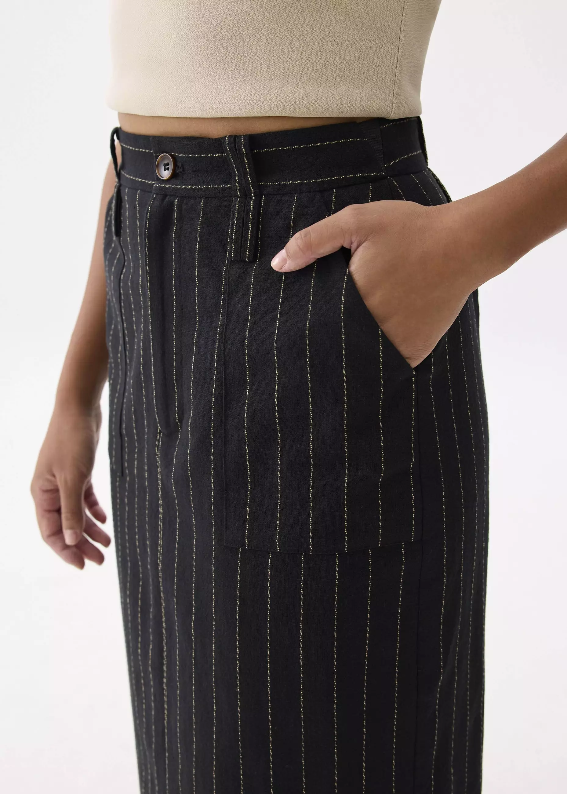 Rok Wanita - Striped Linen High Waist Column Midi Skirt