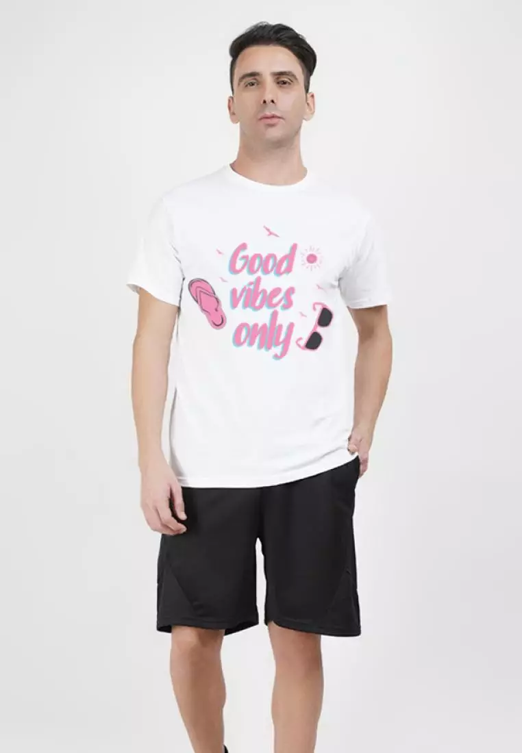 Good Vibes Only White Cotton Short Sleeve Crew Neck Regular Fit Tee