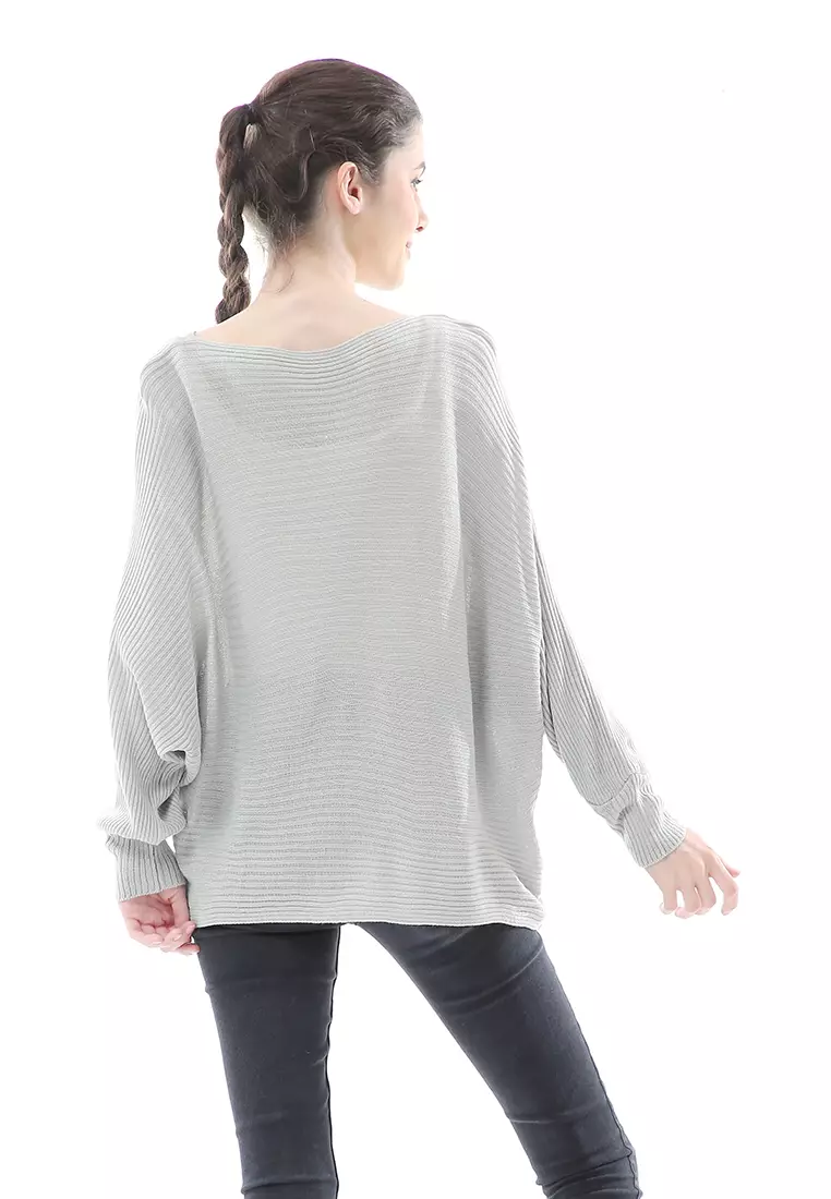 Eveline Sweater Rajut Batwing Atasan Wanita Motif Polos High Quality - Abu Muda