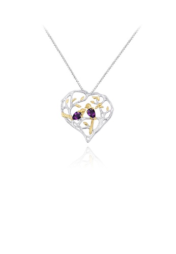 Glamorousky silver 925 Sterling Silver Fashion Temperament Golden Bird Hollow Heart Pendant with Amethyst and Necklace E0B30AC4E641ACGS_1