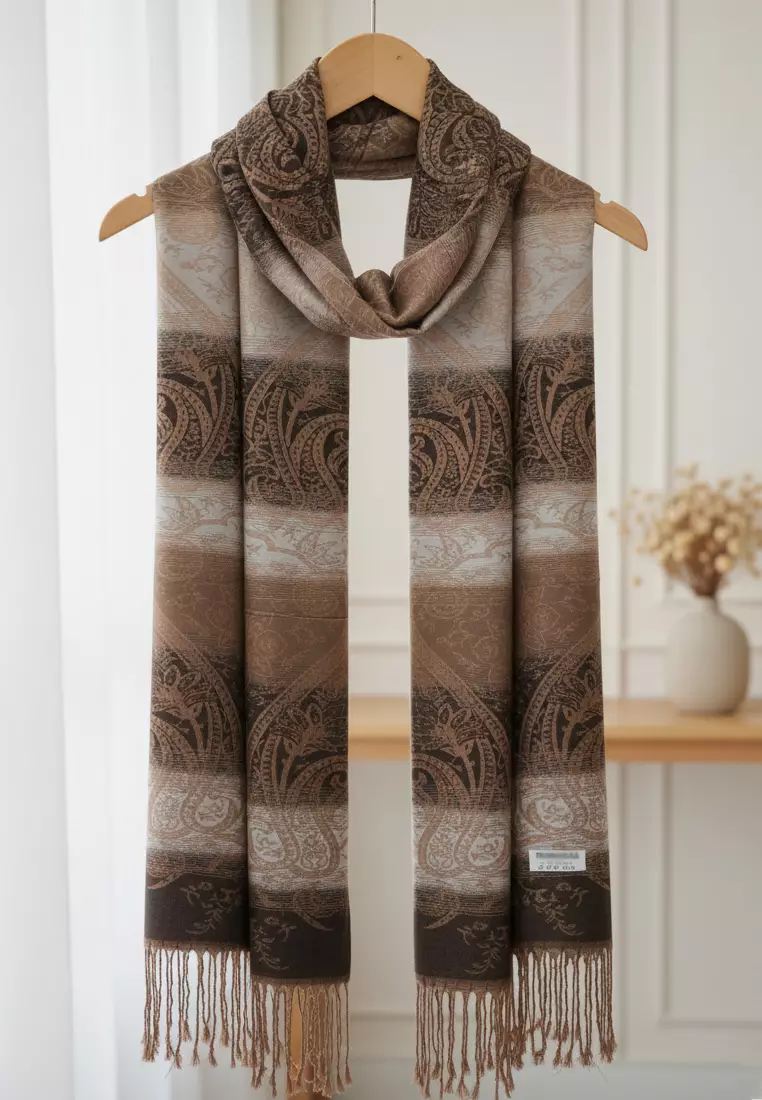 Aksesoris Wanita Reversible Viscose Arabesque Weave Pattern Pashmina Shawl Syal Gradasi Wanita Vintage Mocca