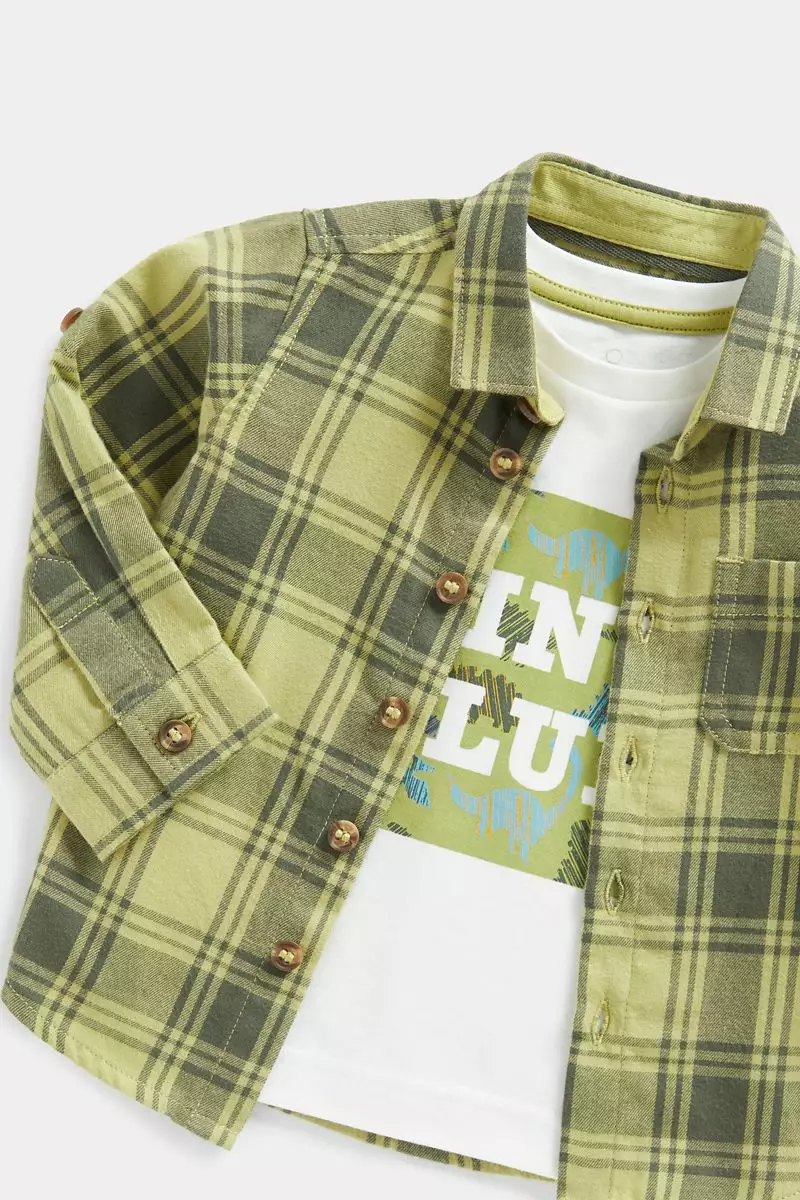 Mothercare Checked Shirt and Dino T-Shirt Set - Set Kaos & Kemeja Bayi Laki-laki (Hijau)