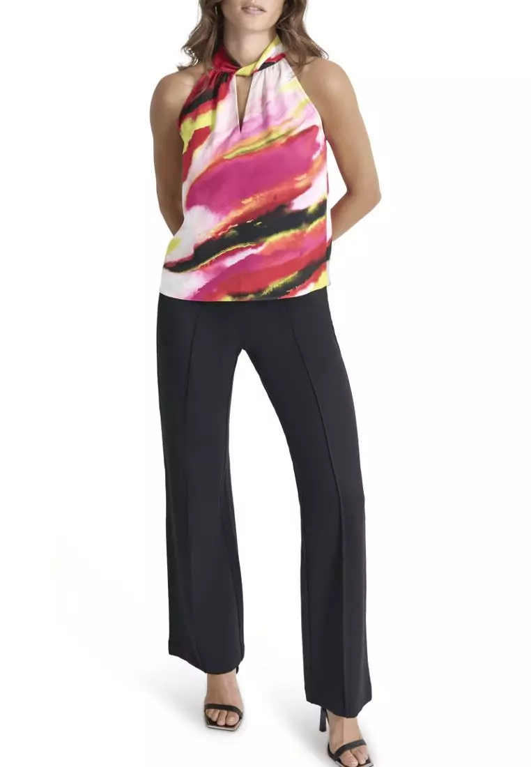 Short Sleeves Print Satin Twist Neck Blouse