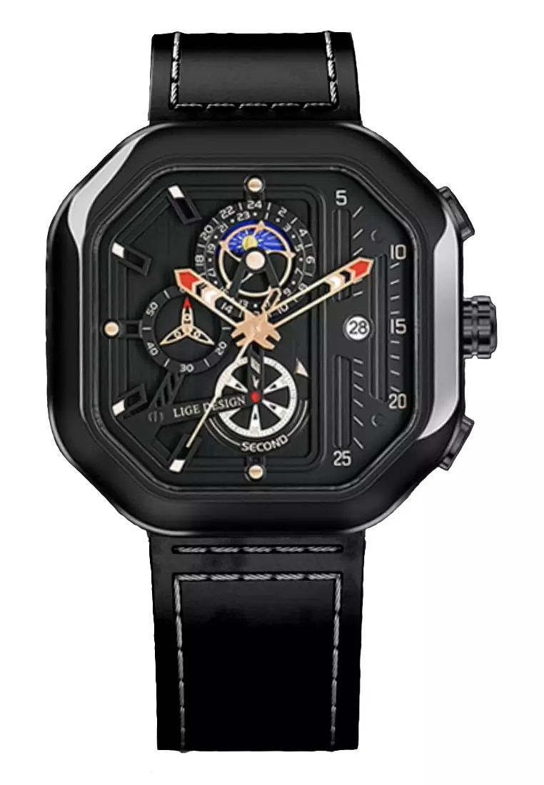 Unisex Chronograph Octogonal IP Black Stainless Steel Quartz Watch on Black Leather Strap