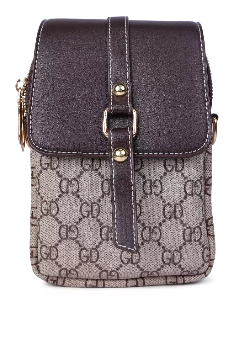 Sling Bag with Printed Strap-Brown