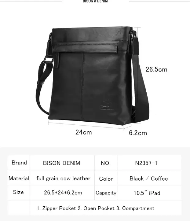 Bison Denim Tas Selempang Pria Messenger Bag Kulit Sapi Asli N2357 - COFFEE