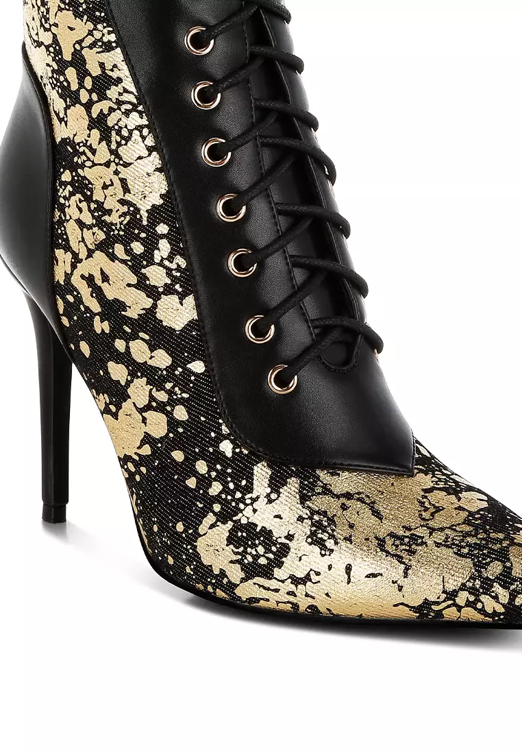Abstract Pattern Lace-Up Ankle Boots in Black