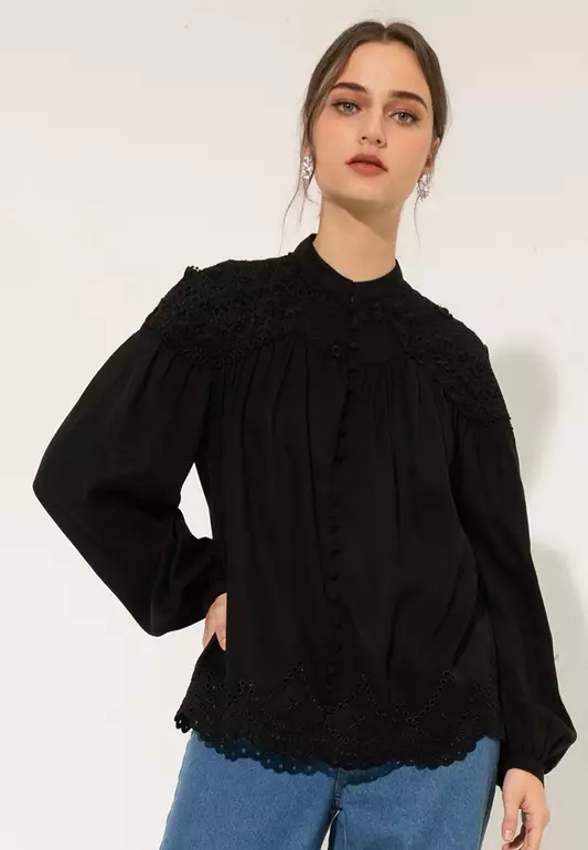 Eyelet Trim Flare Blouse
