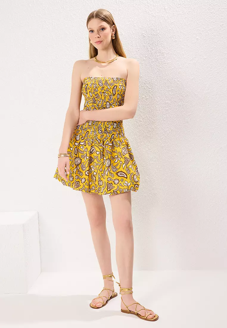 Yellow Floral Patterned Gipel Balloon Skirt Detailed Mini Woven Dress TWOSS24EL01141