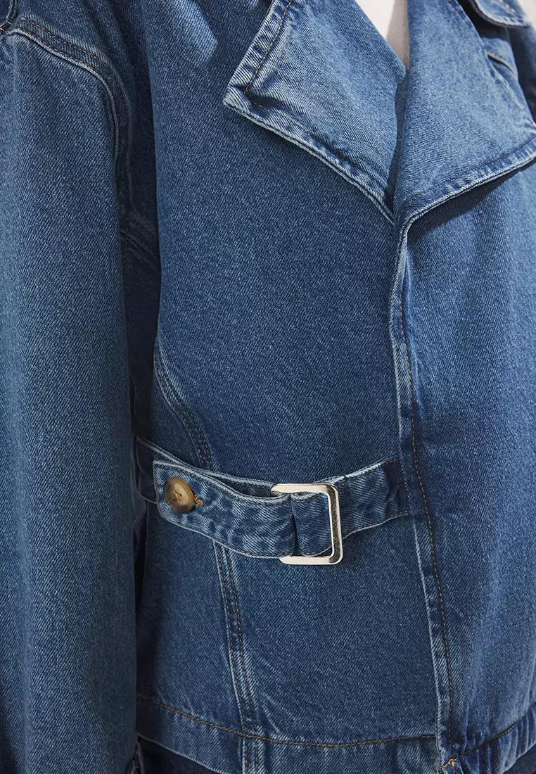 Blue Double Breasted Belt Buckle Oversize Denim Blazer Jacket