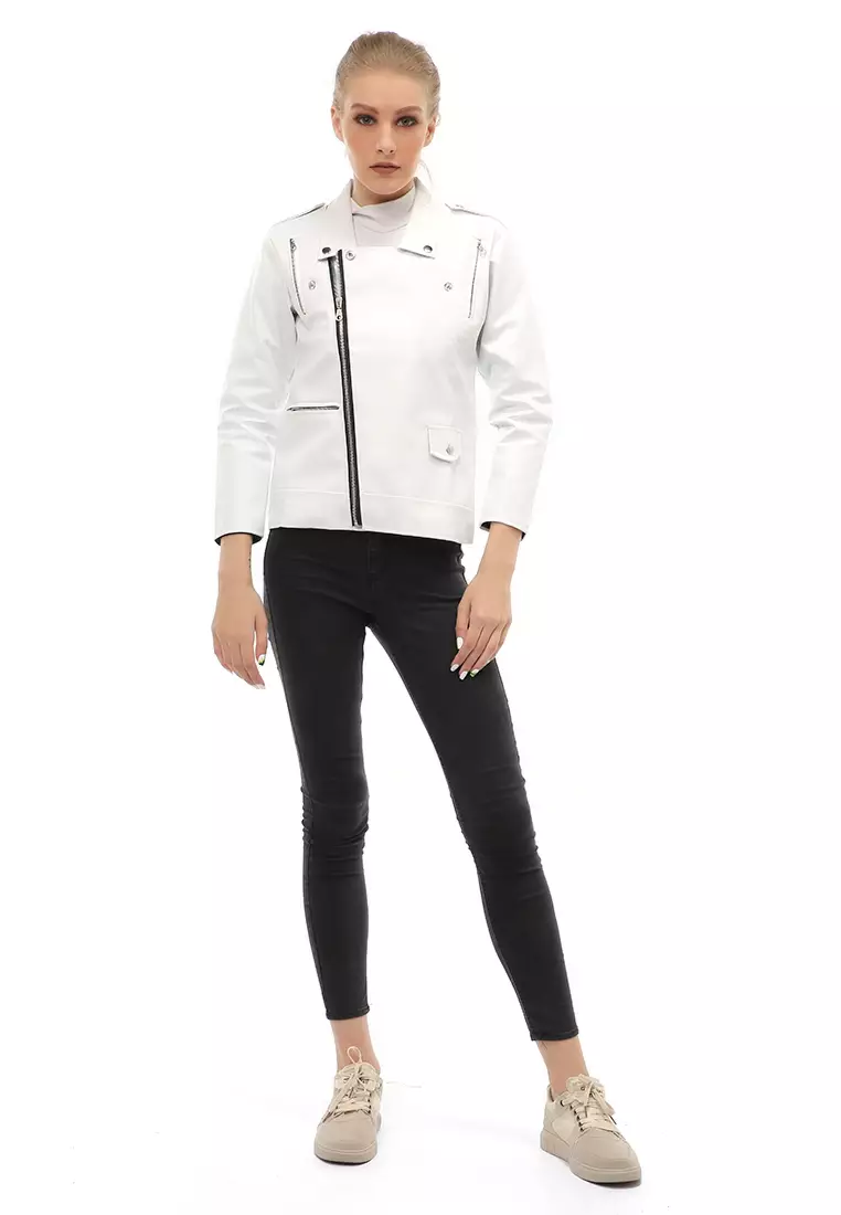 Glenice Jaket Kulit Casual Wanita Windproof Stylish Design Material Leather ORIGINAL - White