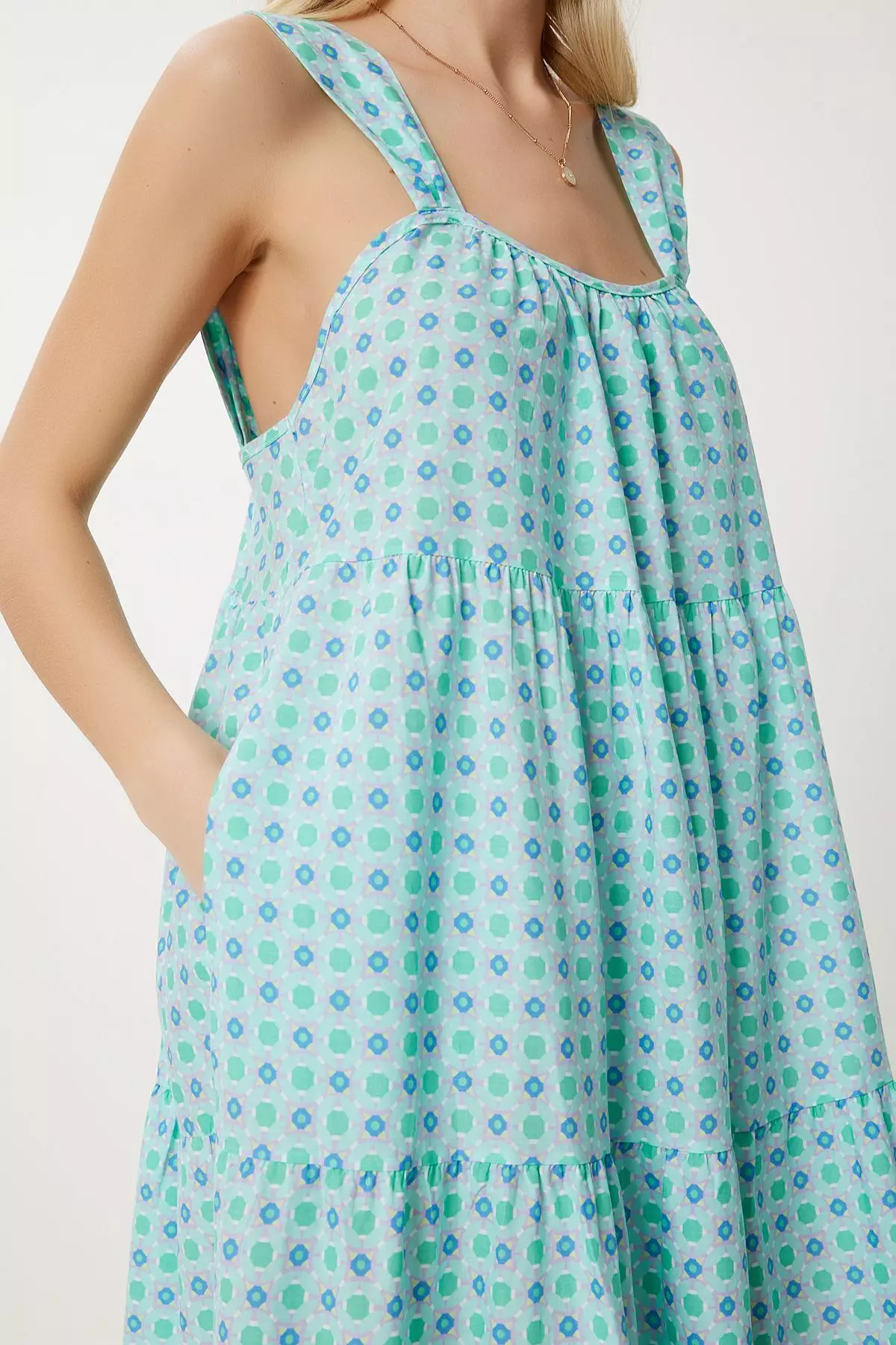 Women's Mint Green Patterned Flounced Summer Dress Fk00024