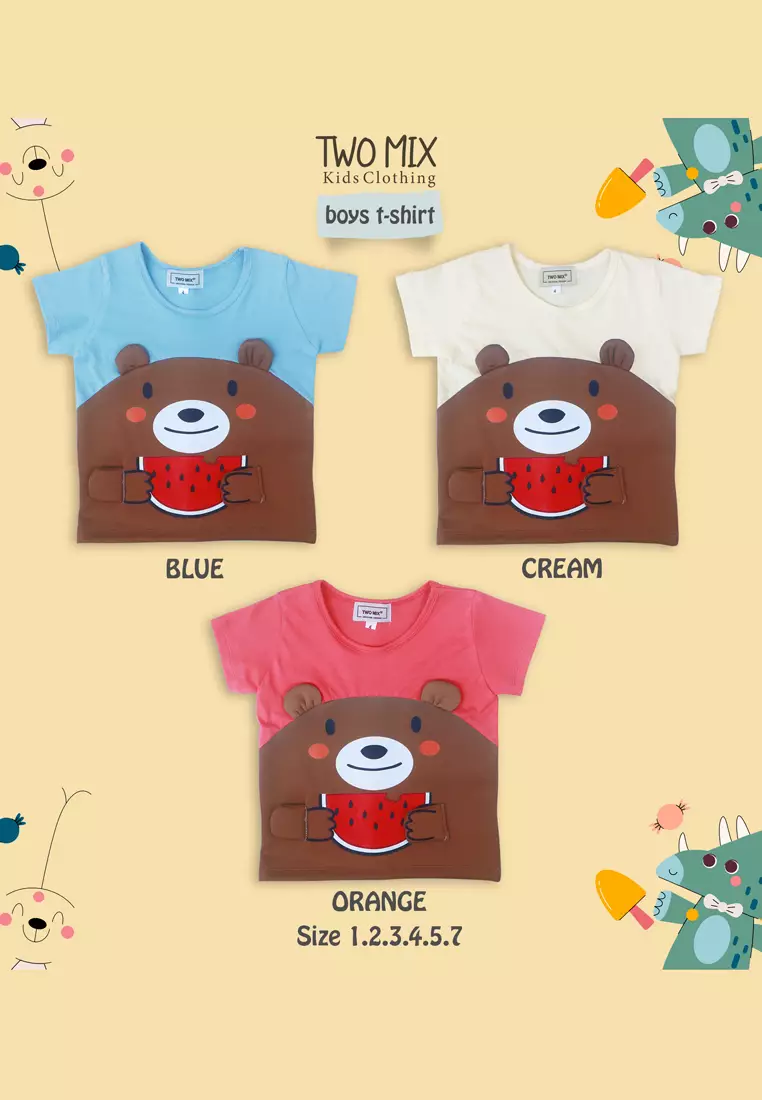 Two Mix - Kaos Oblong Lucu Anak Laki-Laki / Perempuan 1-7 Tahun Motif Cute Bear 4313A Cream