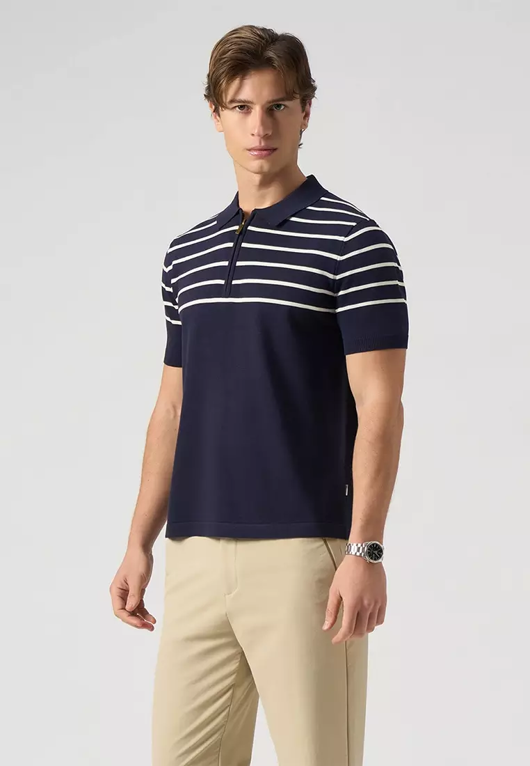 Striped Zip Up Polo Shirt