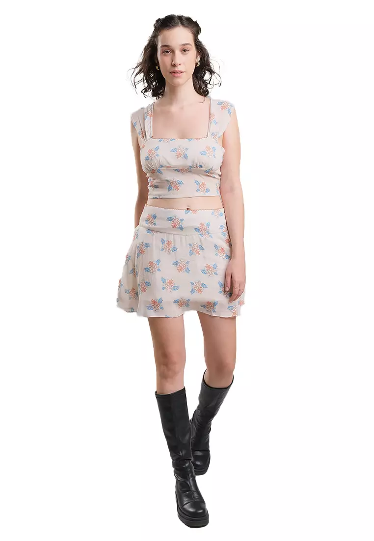 JUST G Floral Block Print Skirt Set With Picoting
