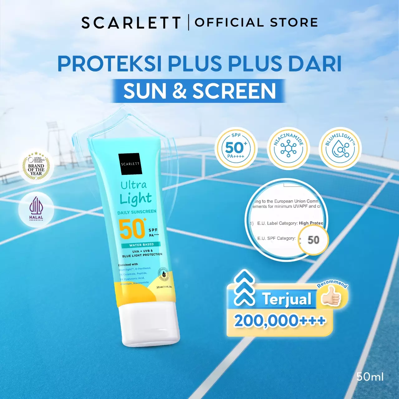 [Oily Skin Friendly] Scarlett Whitening Ultra Light Daily Sunscreen SPF 50+ PA++++ [Water Based] Meresap 20an Detik (Super Ringan) dengan 7X Ceramide 9X Hyaluronic Acid & No Whitecast
