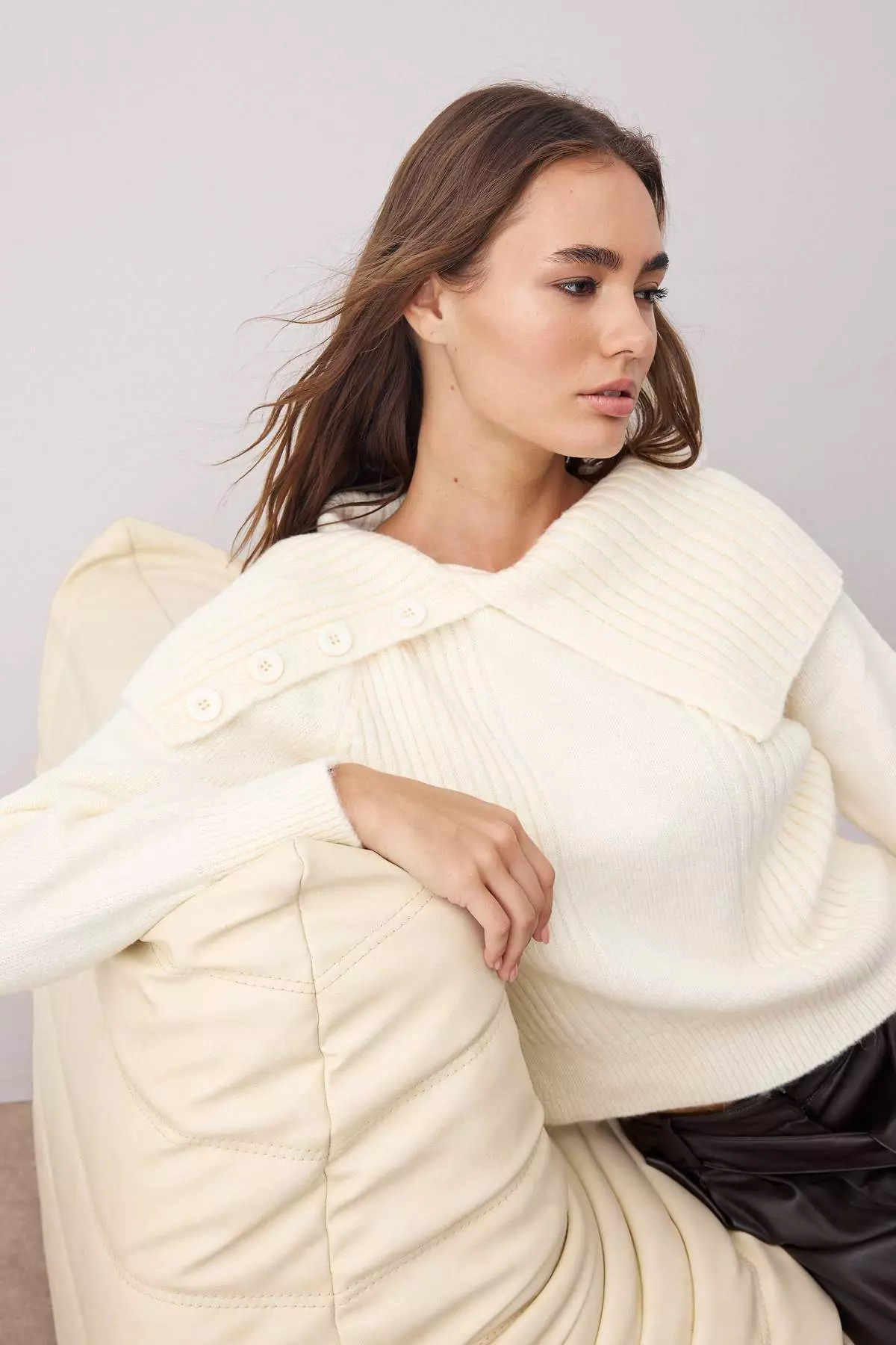 Ecru Soft Texture Turn-Down Collar Knitwear Sweater Twoaw26Kz00024