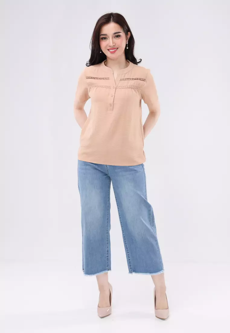 Linen Wrinkles Short Sleeves Chinese Collar Blouse