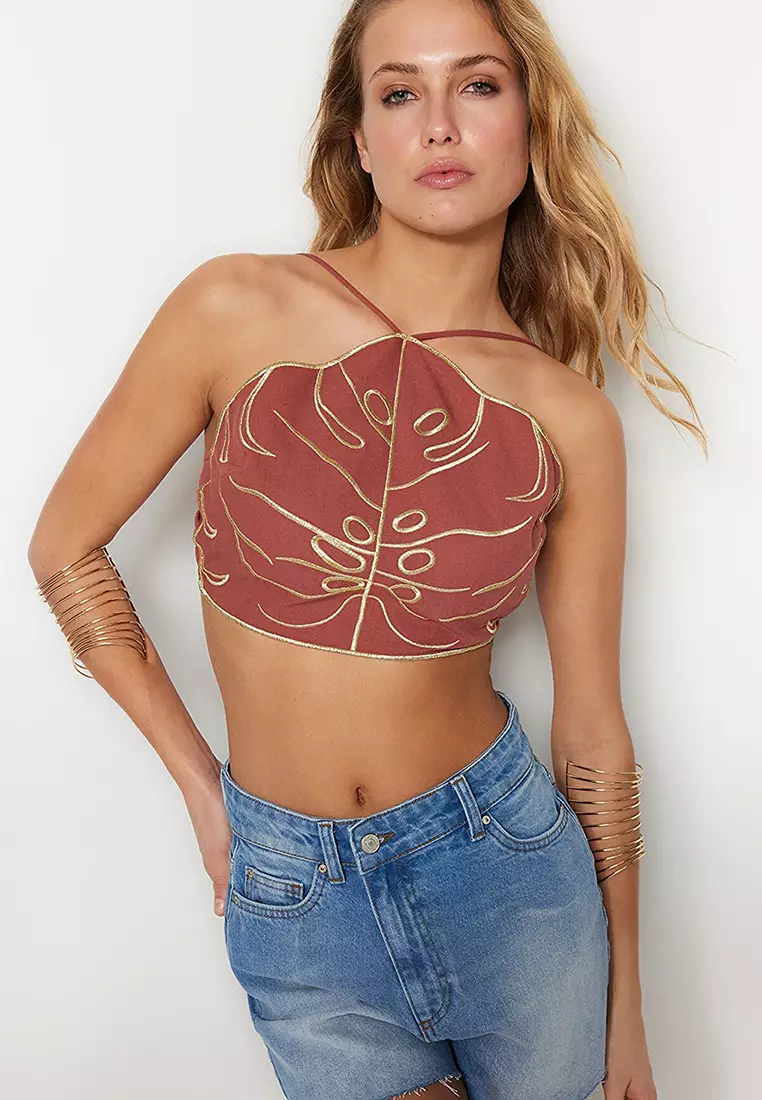Wrap Embroidery Halter Neck Top