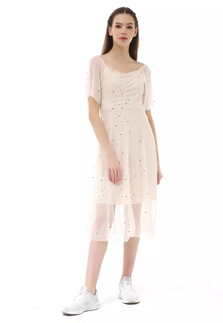 Rachel Dress Fashion Wanita Lengan Pendek Stylish Design Material Brukat ORIGINAL - Cream